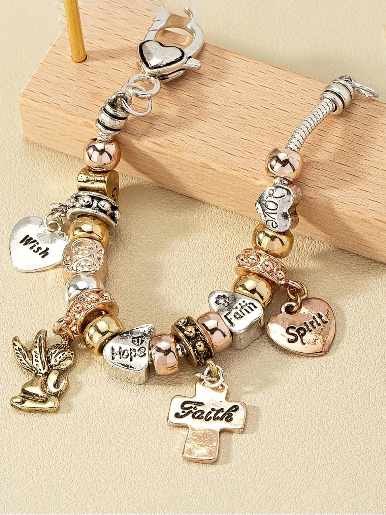 Angel & Cross & Heart Charm Bracelet with Pendant, Fashion Letter Design Bracelet for Women & Girls, Retro Fashion Jewelry for Party, Daily Clothing Decor, Trendy All-match & Exquisite Jewelry for Birthday Gift, Heart Shaped Bracelet