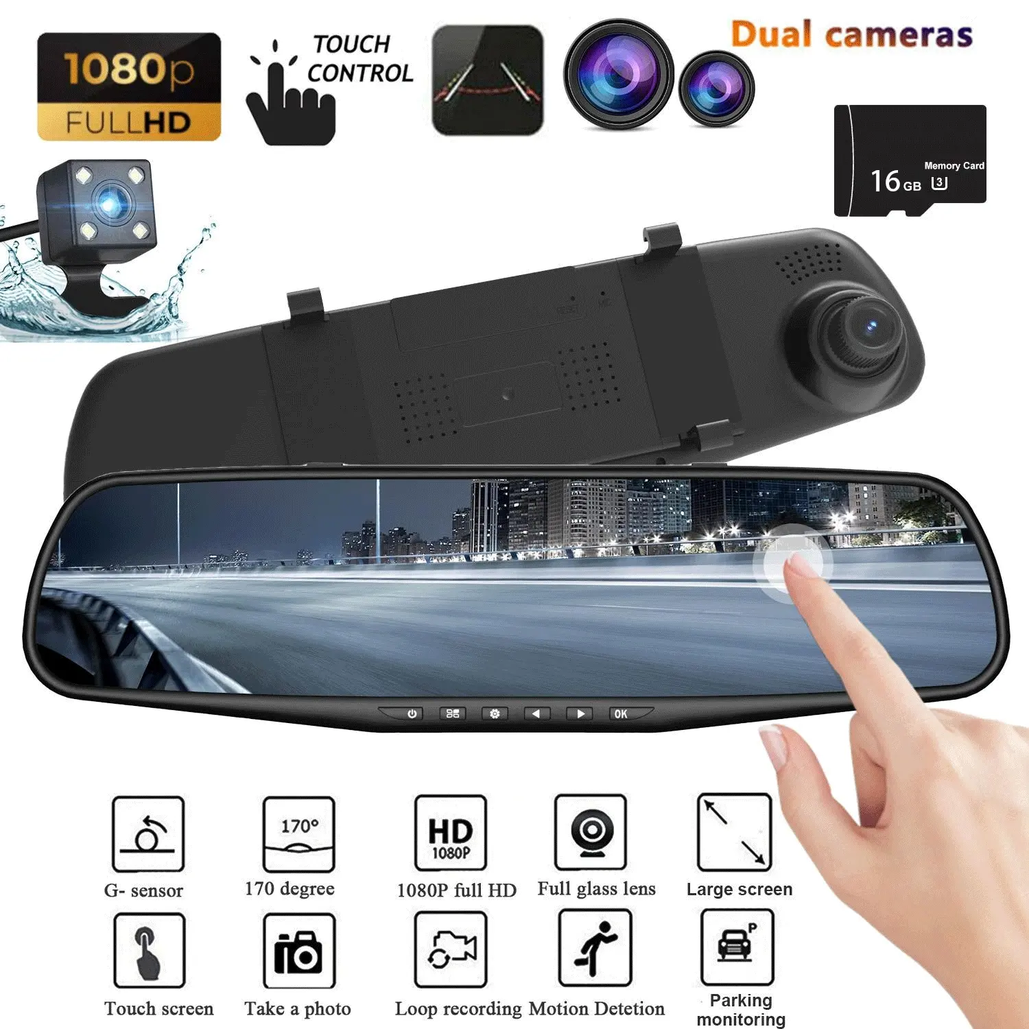 Full HD 1080P Dual Camera Car Rearview Dash Cam with Night Vision, Front & Rear Recording, Wide Angle IPS Screen, Loop Recording, Car Accessories