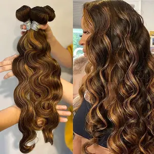 【Gefily】14A Grade Brazilian Virgin Human Hair Bundles P4/27 Highlight Brown Body Wave 28 Inch Honey Blonde Weave Extensions For Women