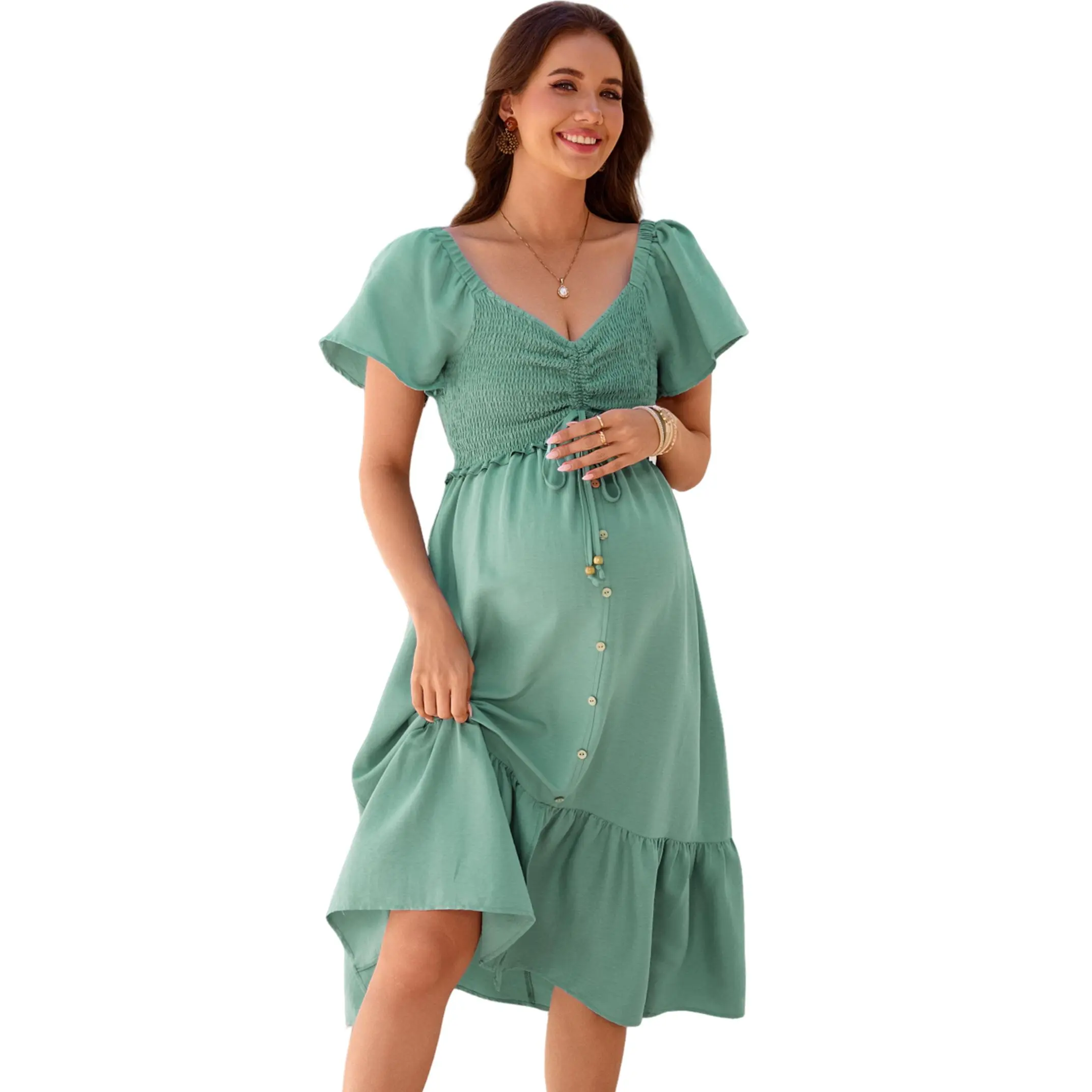 Yesfashion Women's Casual Smocked Drawstring Long Maternity Dress - In-Stock, 100% Polyester, Non-Compressed Comfortable Fit, Adjustable Tie Waist, Flowing Maternity Clothing for Everyday & Events (White)