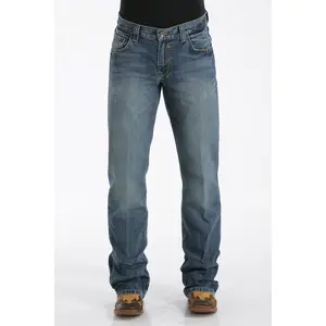 CINCH Men's Cotton Bootcut Denim Jeans - Carter Relaxed Fit Embellished Decorated Fade Menswear Pants with Pocket, Chevron Details, Hand Sanded Finish - Medium Stonewash MB96134001, Embellished Men's Jeans