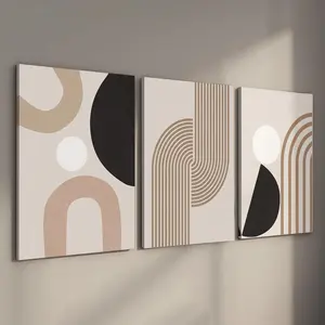 Abstract Geometric Pattern Canvas Painting with Frame, 3 Counts/set Modern Minimalist Wall Art, Modern Abstract Design, Boho Wall Decor for Living Room Bedroom, Ornaments, Wooden Wall Art