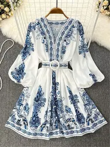 Summer Womens Fashion Chic Dresses, Blue White Boho Print V Neck Puff Sleeve Belted A Line Mini Maxi Dress For Any Occasion