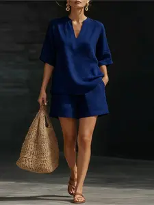 2026 Summer New V-Neck Casual Shirt with Fold-Over Collar, Stylish Two-Piece Set, Perfect for Daily Wear, Comfortable and Trendy