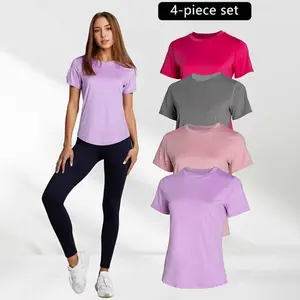 4-Piece Solid Sports Tee Set Round Neck Slim Stretchy Ideal for Yoga Gym Workouts Women's Athletic Wear Sporty Style Clothes gym shirts workout tops oversized gym shirts Fitness Outfit