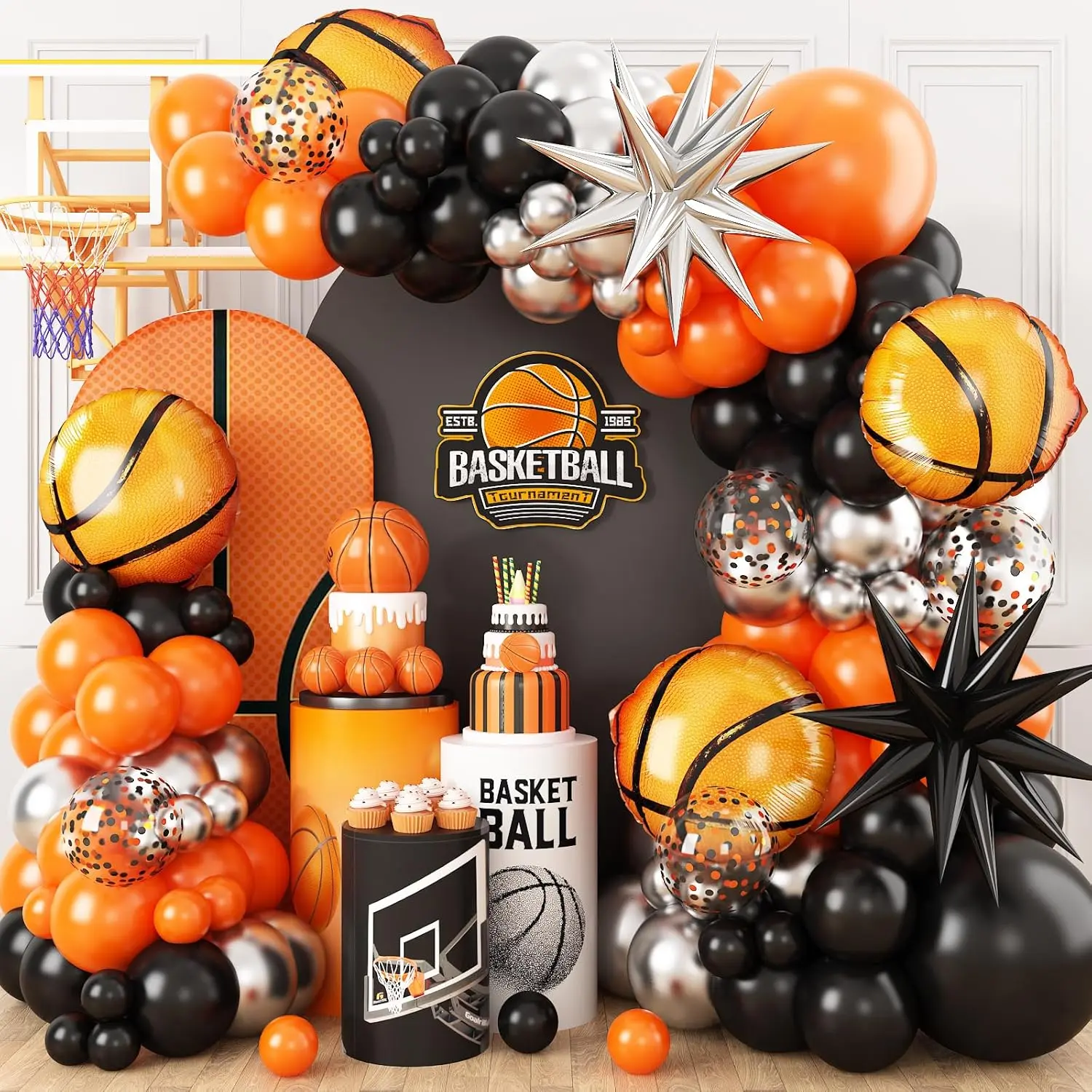 163-Piece Basketball Balloon Arch Kit with Orange Black Silver Confetti, Basketball & Star Foil Balloons