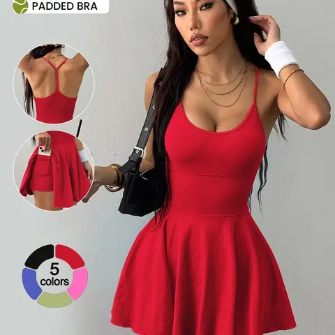 Women's Solid Color 2-in-1 Sleeveless Sports Dress with Built-In Shorts Pocket, Casual Athletic Tennis Dress for Gym, Running and All Seasons Sleeveless Sporty Dress