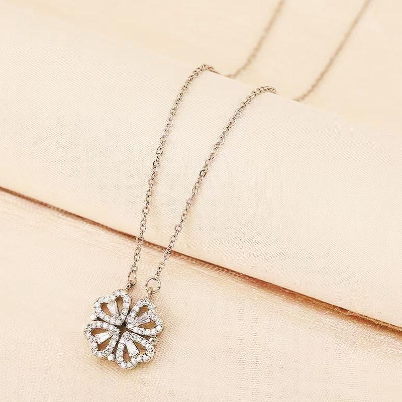 2-in-1 Foldable Four-Leaf Clover Heart CZ Necklace - Stainless Steel 24cm Chain Magnetic Heart Pendant Necklace for Women 2-in-1 Foldable Four-Leaf Clover Heart CZ Necklace - Stainless Steel 24cm Chain Magnetic Heart Pendant Necklace for Women