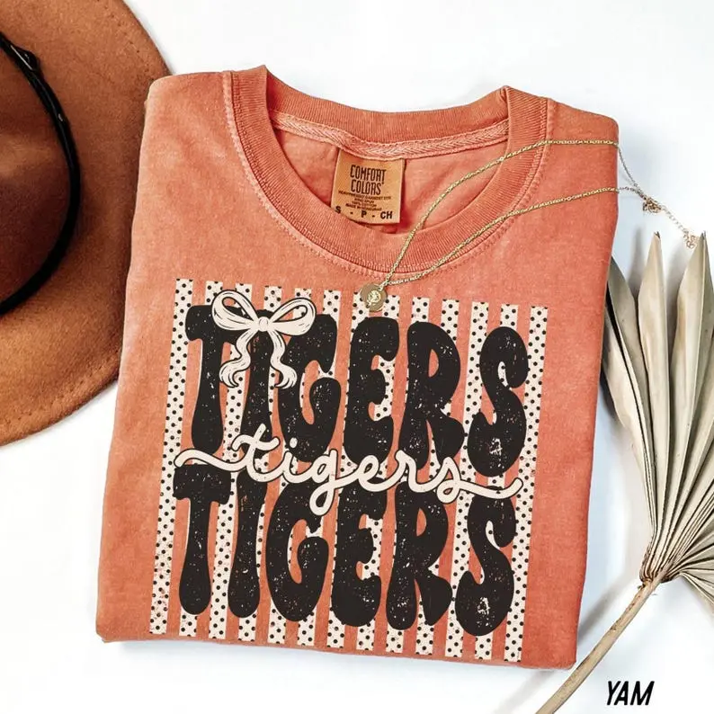 Comfort Colors Tigers Shirt, Polka Dot Preppy Stripes Tigers T-shirt, Tigers Game Day Shirt, Tigers Mascot Tee, Coquette Tigers Tshirt