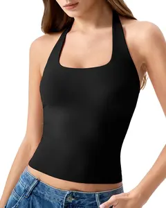 QINSEN Womens Halter Top Double Lined Tank Top Sleeveless Open Back Slim fit Going Out Tops