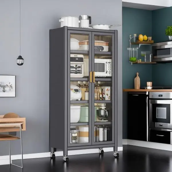 Rectangular Sturdy Floor-to-Ceiling Double-Door Multilevel Tall Kitchen Cabinet - Open-Door Household Storage Unit for Microwaves, Bowls (Supports Above 25 kg, With Wheels)