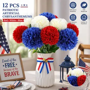 12 Pcs Artificial Chrysanthemums Patriotic Flowers – Red White Blue Fake Mums for 4th of July Decor, Silk Memorial Day Table Centerpieces, Indoor Home Decor (Vase Not Included) – Summer Sale, Mid Year Sale, Deals for You, Restock