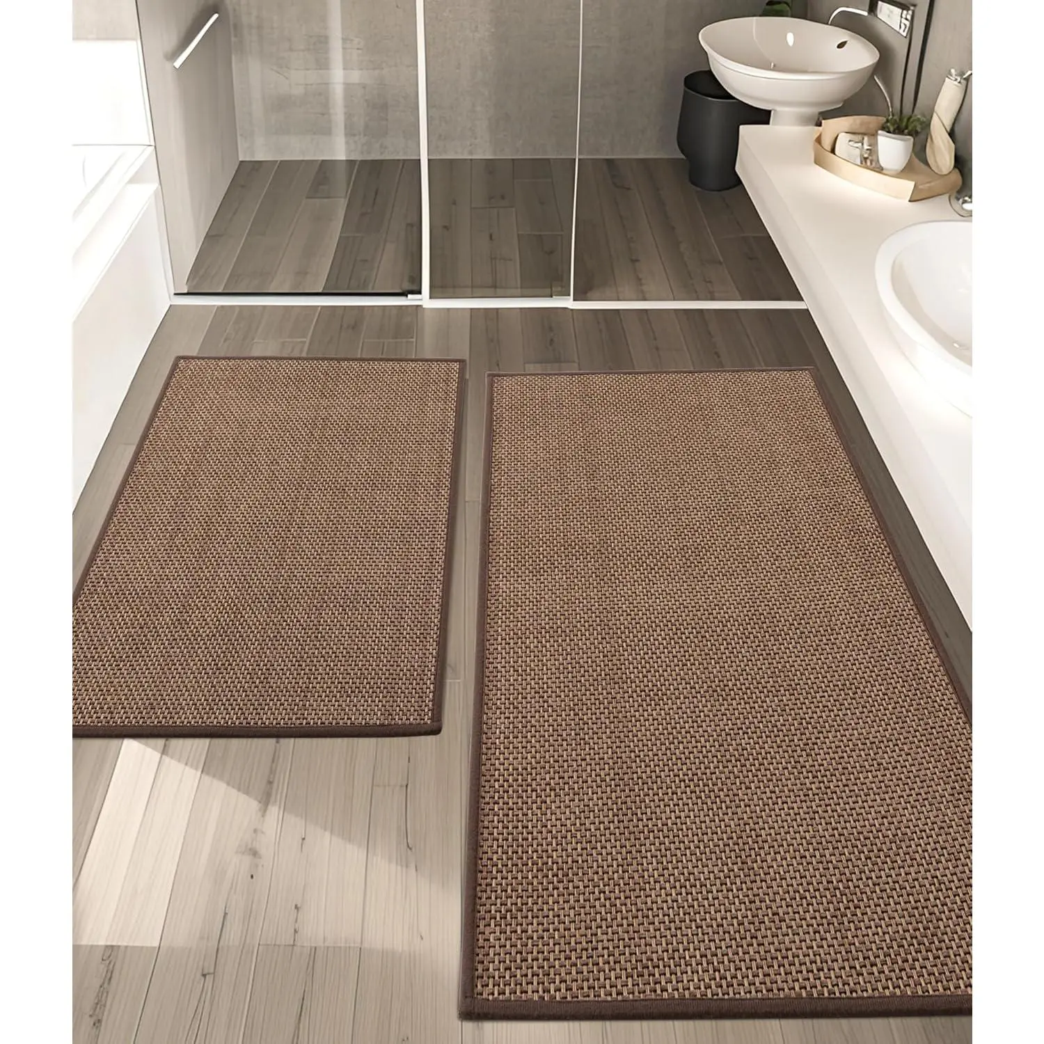 Bathroom Rugs Sets 2 count, Coffee Ultra Thin Bath Mats Fit Under Door, Absorbent Quickly Dry Rubber Backing Braided Bath Mat Set, Non Slip Washable Bath Rugs Mat for Bathroom Floor, Coffee