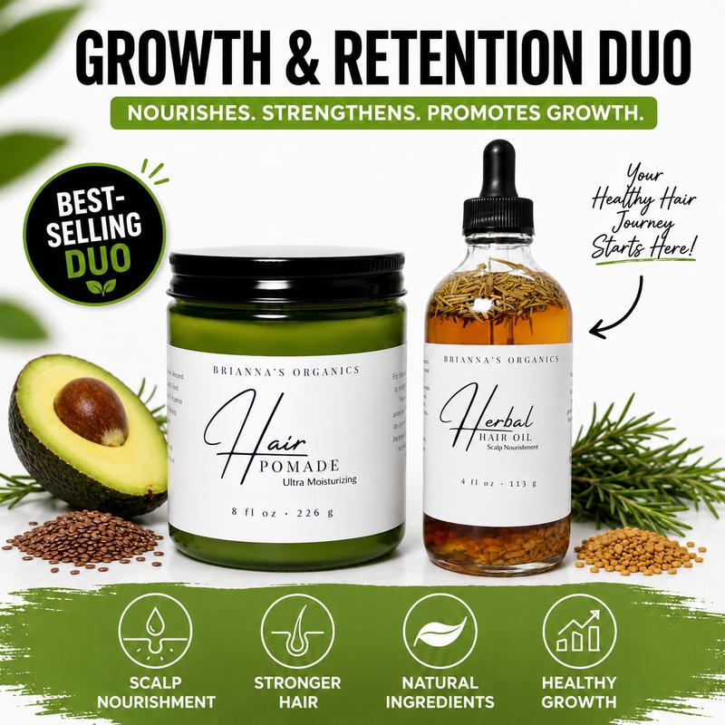Brianna’s Organics Growth & Retention Duo - Herbal Oil + Pomade, Adult Rosemary Care Set with Sunflower, Green Tea, Oat, Jasmine & Tea Tree, for Dry Curly/Coily 4C Hair, Vegan, Sulfate-Free, Paraben-Free 2-Piece Scalp Nourishment Bundle, Adults