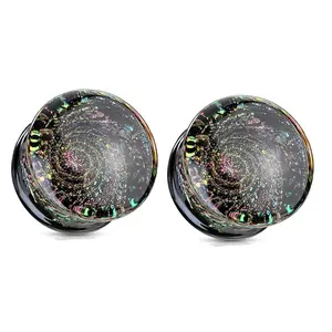 Pair Glitter Galaxy Glass Saddle Plugs Ear Gauges pyrex 0g 00g 1/2 00g 9/16 5/8 inch 8mm 10mm 12mm 14mm 16mm men women gift celestial star moon purple unique