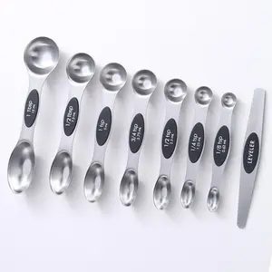 9 Piece Magnetic Measuring Spoons Set, Dual-Sided Stainless Steel Scoops with Leveler, Ideal for Dry and Liquid Ingredients, Kitchen Baking Tools