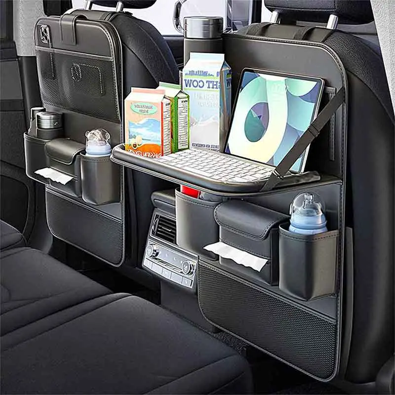 Car Backseat Organizer Eco-Friendly Nappa Leather Foldable Table Tray Seat Back Protector Tablet Phone Holder Universal Fit with Multiple Pockets for Clutter-Free Storage