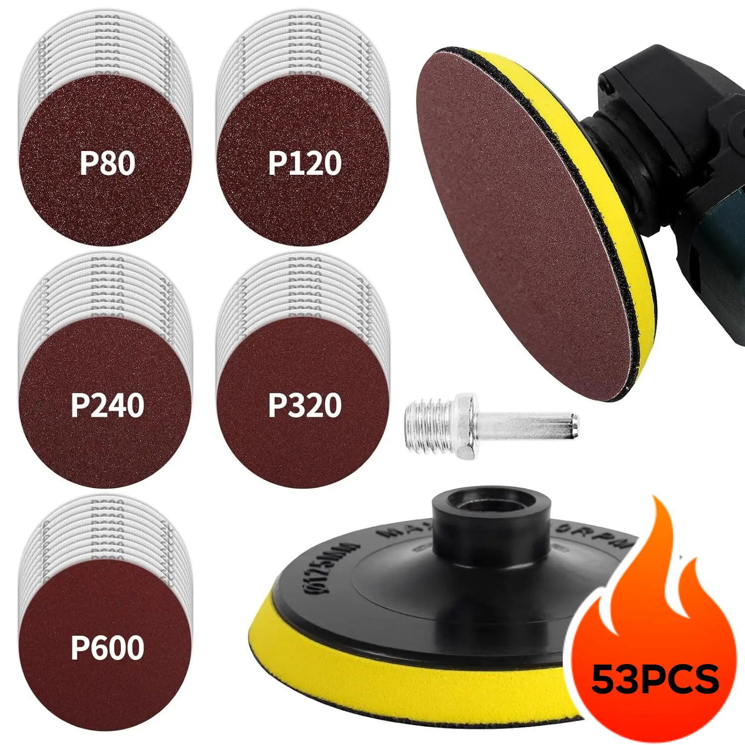 50Pcs Round Shape Compact Hook&Loop Backing Pad Set - 5-Inch 5/8-11 Thread Angle Grinder Attachments with Coarse-to-Fine Sanding Discs (80/120/240/320/600 Grit) & Polyurethane Polishing Pads for Wood, Metal Polish Surface Buffing