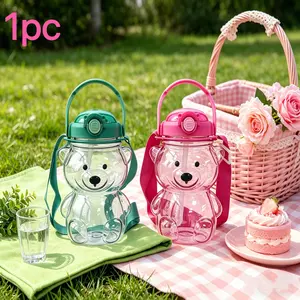 1000ml Cute Bear Water Bottle with Straw, Strap & Handle, BPA-Free, Portable Large Capacity Drinkware Cup for Travel & School