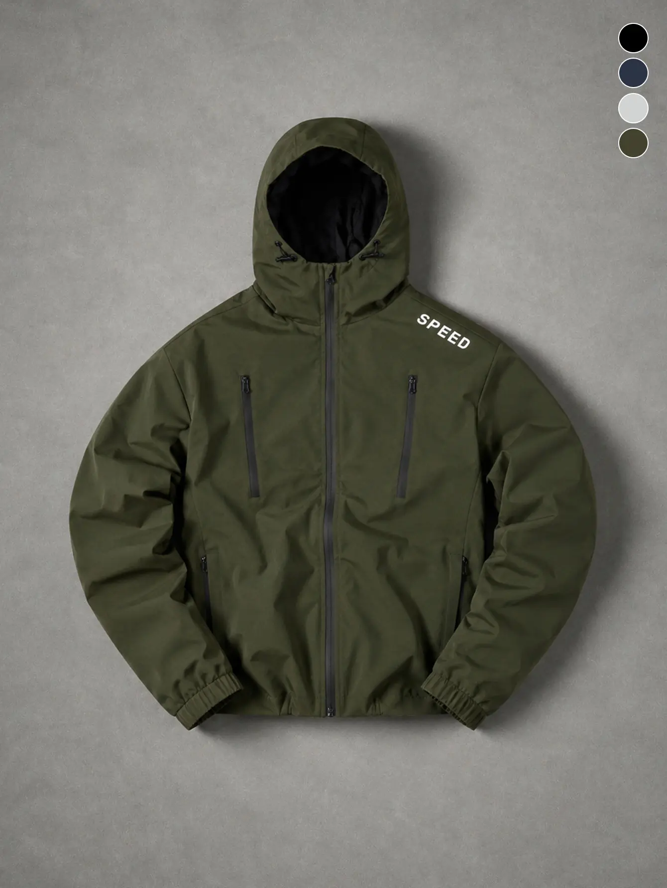 Men’s army green functional hooded aviator jacket featuring SPEED letter branding on the side shoulders, practical multi-zip pockets, and an adjustable hood with drawstring; wrinkle-resistant woven fabric; full-length front zipper; suitable for everyday m