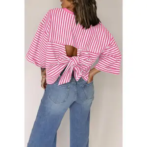 Pink Striped Bowknot Backless Drop Sleeve T-Shirt