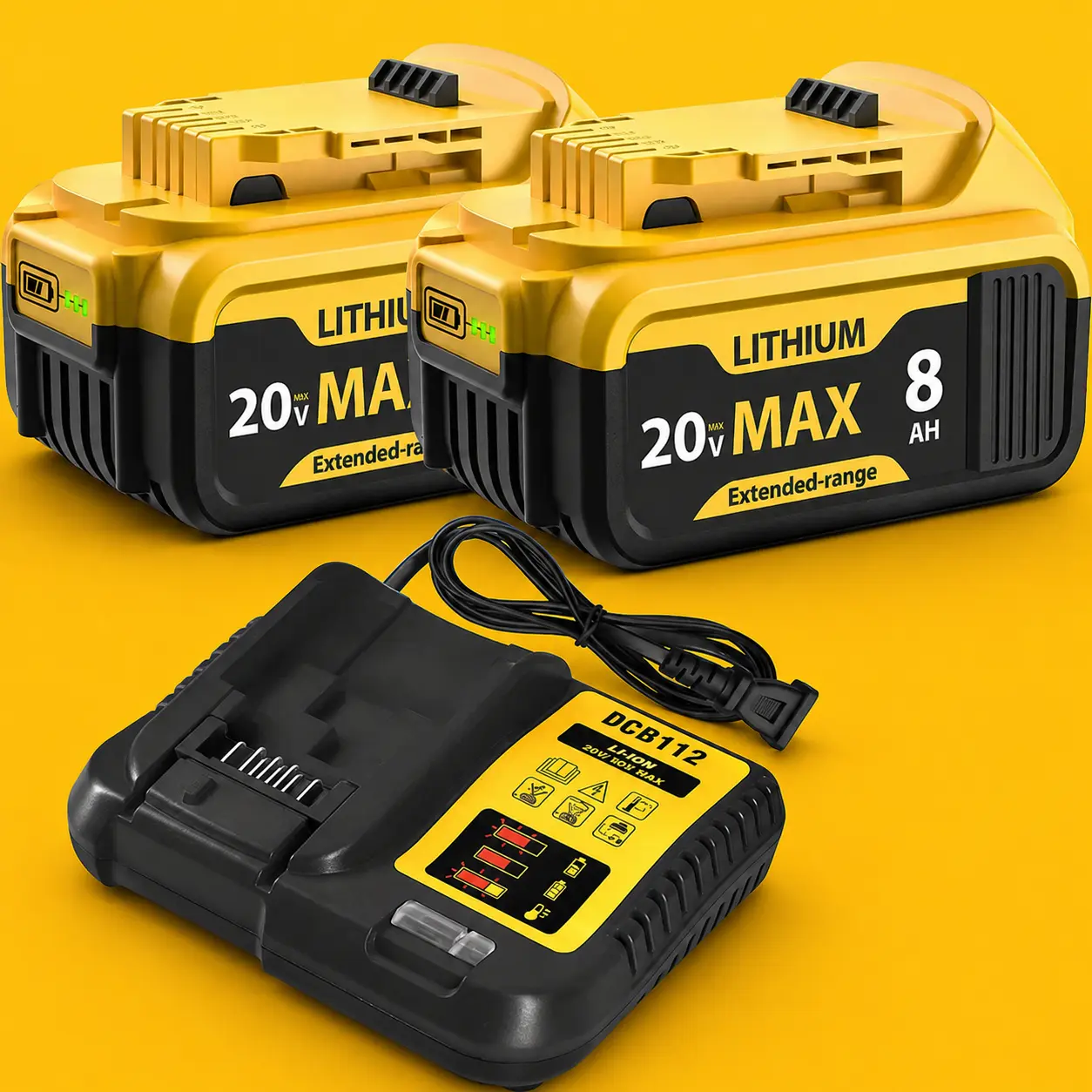 DeWalt 2-Pack 8.0Ah 20V Max Replacement Battery & DCB112 Charger Combo for DCD, DCF, DCG Cordless Power Tools