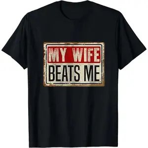 Cotton Short Sleeve T-Shirt Funny My Wife Beats Me Shirt, American Flag Husband and Wife Shirts, Husband Shirt for Men, Father's Day Gift, Menswear Classic Casual Tops, Humorous Design for Daily Wear & Gifting Mother's Day and Father's Day Gifts