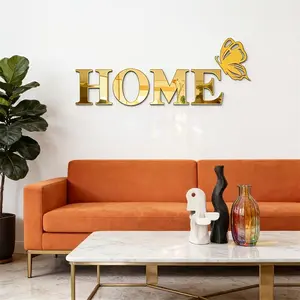 5pc, Golden letters HOME butterfly logo mirror wall sticker, DIY self-adhesive removable acrylic wall sticker for home decoration, used for wall decoration in living rooms, bedrooms, and entrances, Decorative Wall Sticker