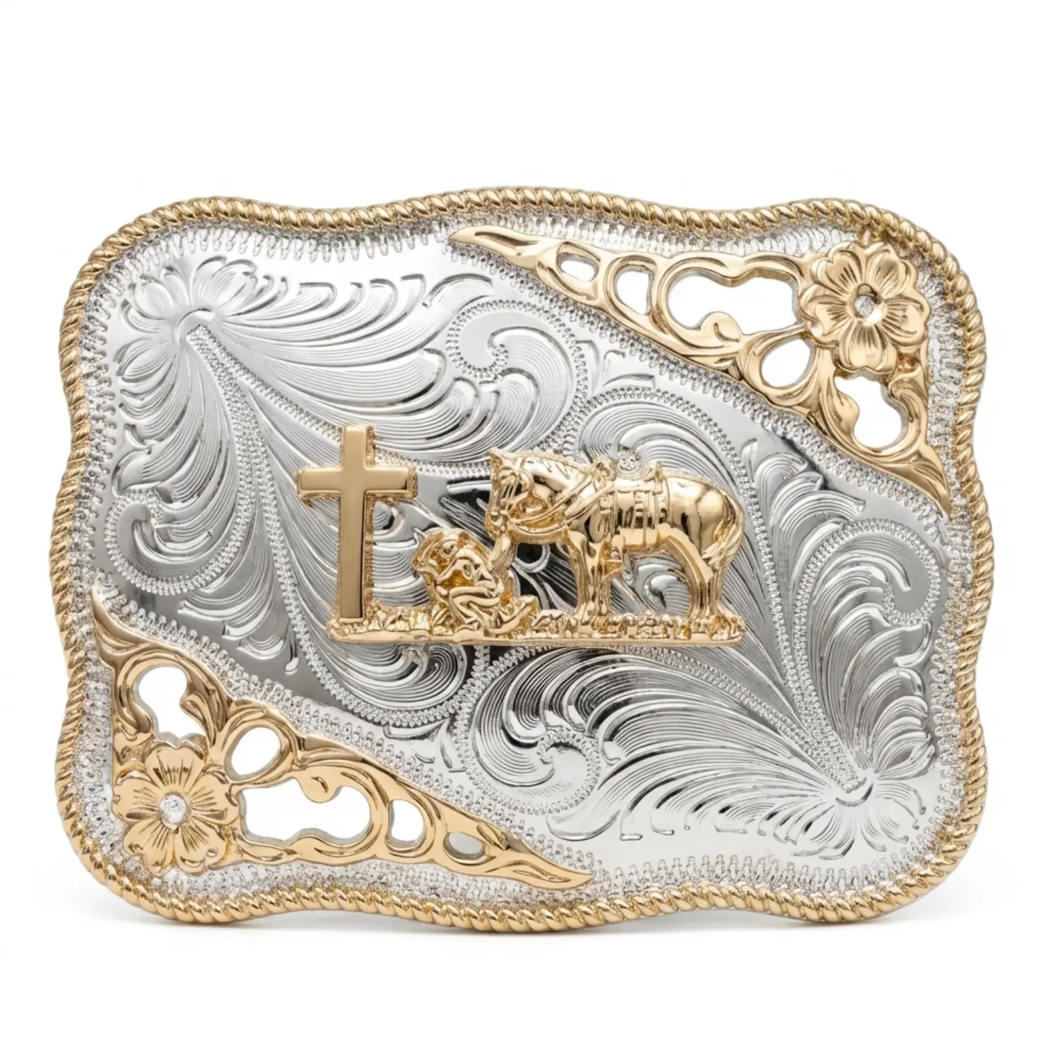 Praying Cowboy Western Belt Buckle – Christian Cross Hebilla Vaquera Rodeo Two Tone Rose Gold Silver Cutout Rope Edge Gift Fits 1.6 Inch Belt