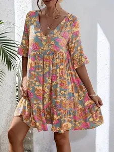 Women's Summer Casual V-Neck Floral Print Bohemian Boho Style Elegance Statement Dress, New Arrival Fashionable Women's Clothing, Perfect for Daily Wear &