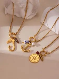 Personalized Nautical Anchor Compass Seahorse Hook Leaf Gold Necklace Lightweight All Season For Women Daily Party Wear
