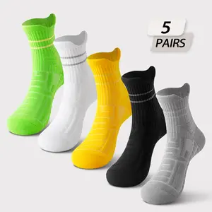 5 pairs Men's socks for men athletic socks Mid-Calf Sports Socks – Breathable Mesh, Sweat-Wicking, Shock-Absorbing, and Durable. Terry Sole Solid Color Basketball Socks for Running, Soccer, and Hiking. Made of Cotton-Polyester Blend.