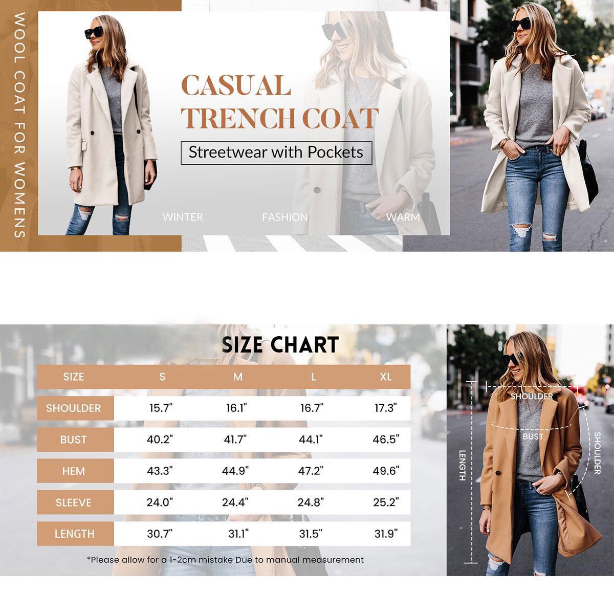 SCUSTY Women's Notched Lapel Winter Wool Coat Single Breasted Pea Coats Wool Blend Blazer Jacket