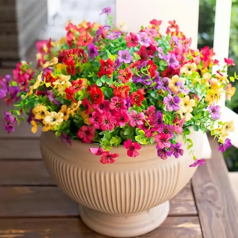Farmhouse Fall Artificial Violet Decorative Flower Bouquets - UV-Resistant, Fade-Resistant, Long-Lasting Outdoor Plastic Faux Mums with Adjustable Wires for DIY Bend & Trim, Autumn Harvest Mix, Fall Decor for Front Porch Planter, Centerpiece