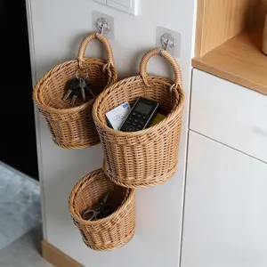3pcs/set (L+M+S) Imitation Rattan Wall Storage Basket, Woven Hanging Baskets, Kitchen Ginger Garlic Fruit Flowers Basket, Wall Hanging Sundries Container, Home Kitchen Supplies Storage Baskets, Shelf Baskets, Organiser, Hangable