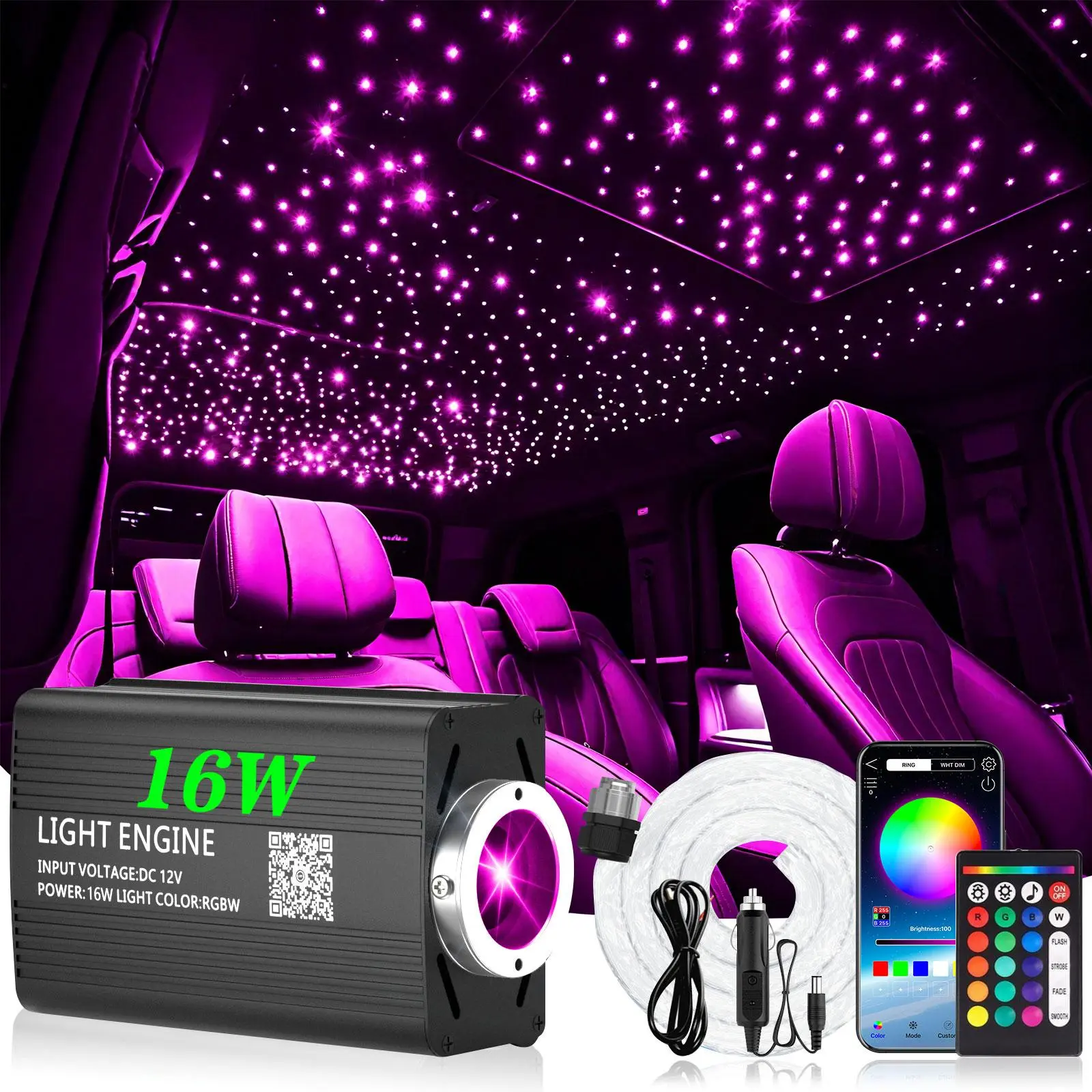 Starlight Headliner Fiber Optic LED Lights Kit - 16W, 300-1000 Pcs, 0.02/0.03in, 9.8ft Compact, Bluetooth APP/Remote Control, RGB Ambient, High-Brightness Novelty Lighting for Car Star Projector Headliner, Starlight Roof, Interior LED Vehicle Accessories,