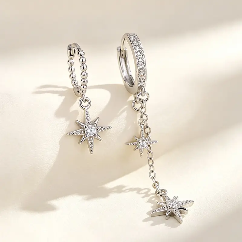 Asymmetrical North Star Dangle Hoop Earrings, Silvery Crystal Mismatched Star Chain Drop Huggie Earrings, Celestial Jewelry for Women