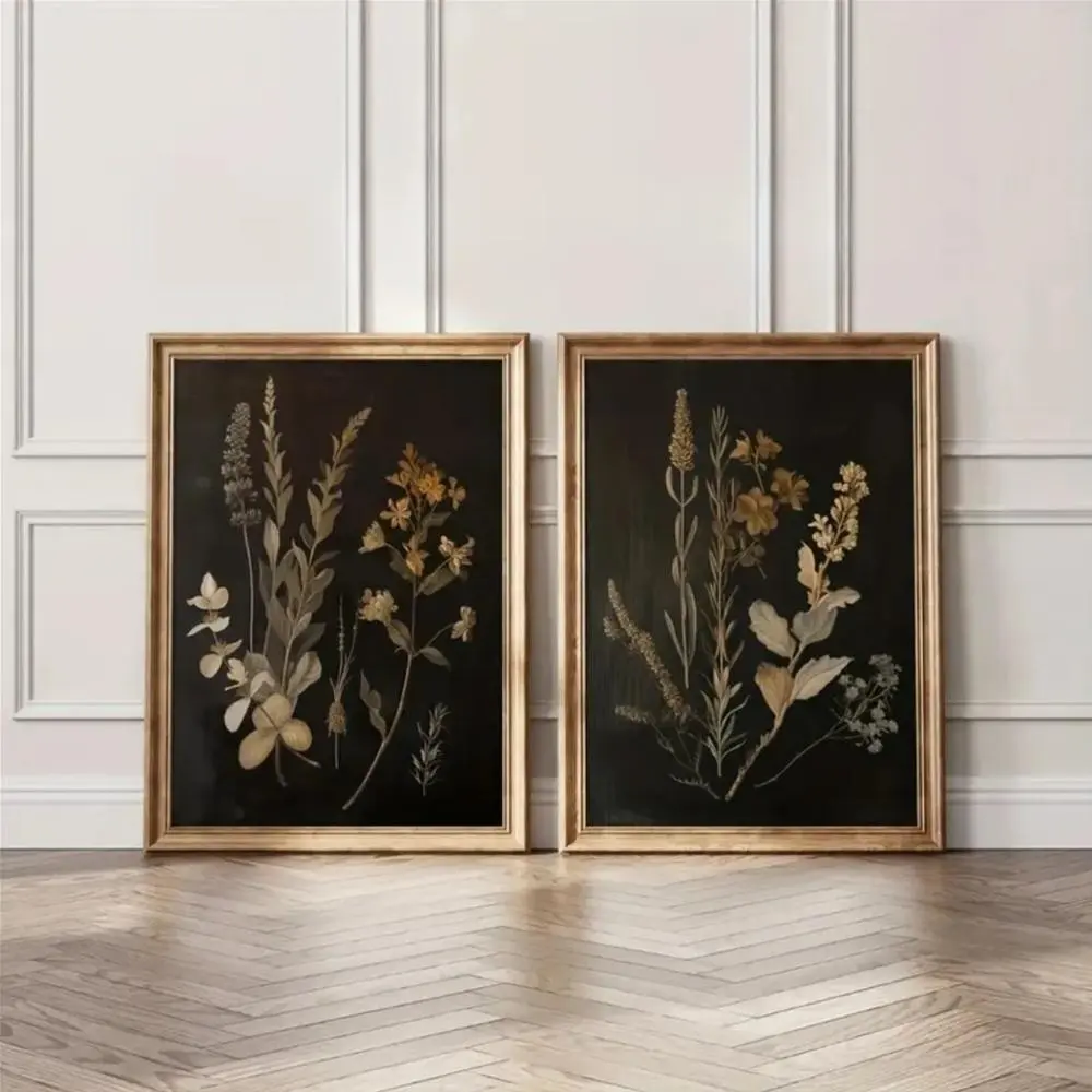 2 Pieces Dark Academia Botanical Canvas Art, Vintage Floral Black Background Wall Mural, Home Art, Classic Gallery Decor, Decoration Items, Dark Tone Poster, Flower Print Design, Wall Decor for Living Room and Study, Framed or Unframed