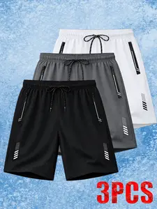 Men’s 3-pack shorts: casual printed boyfriend style, athletic fitness shorts, basketball shorts; lightweight sweat shorts with a drawstring waist and stretchy fit; suitable for basketball, quick-drying prints with lightning patterns.