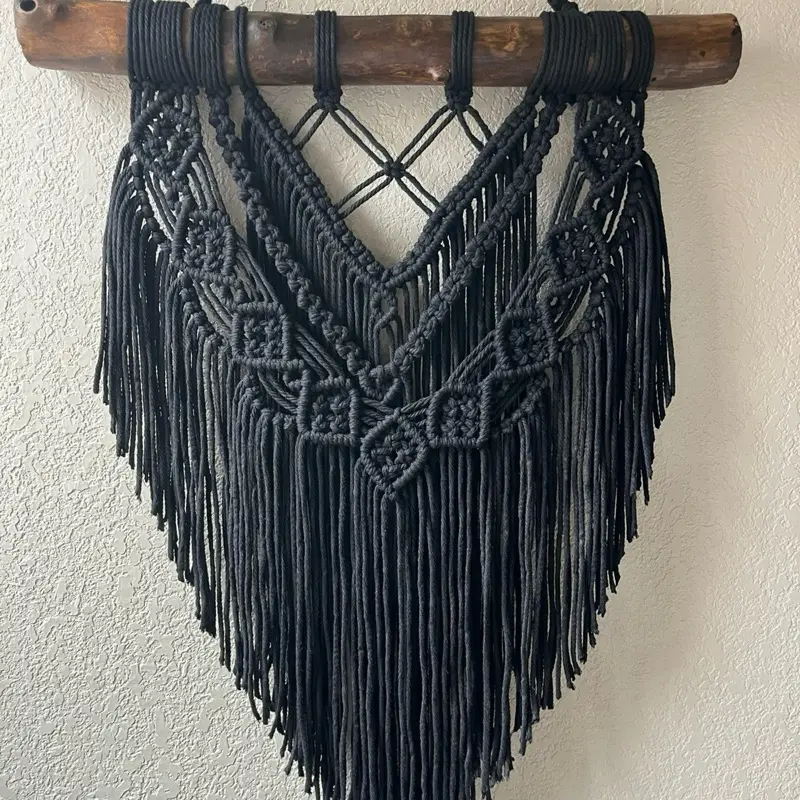 Black Macrame Wall Hanging Boho Decor 20x30 Inches Handmade Eco-Friendly 100% Cotton & Wood Natural Branch Unique Gift for Any Room or Patio