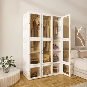 Portable Transparent Wardrobe Closet Storage Organizer for Clothes Folding Plastic Wardrobe with Magnetic Door and Easy Assembly roperos para guardar ropa armario de ropa closet bedroom armoires 3 Hanging Rod Multifunctional Space Saving Organizer