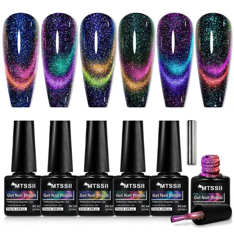 Aurora Reflective Cat Eye Gel Nail Polish Set, 6pcs Glitter Shimmer Gel Reflective Magnetic Nail Gel with 1pc Stick, Semi Permanent Uv Gel Diy Nail Art Cosmic Galaxy Nails for Manicure, Nail Care, Color Gel Polish Holographic Gel Nail Polish