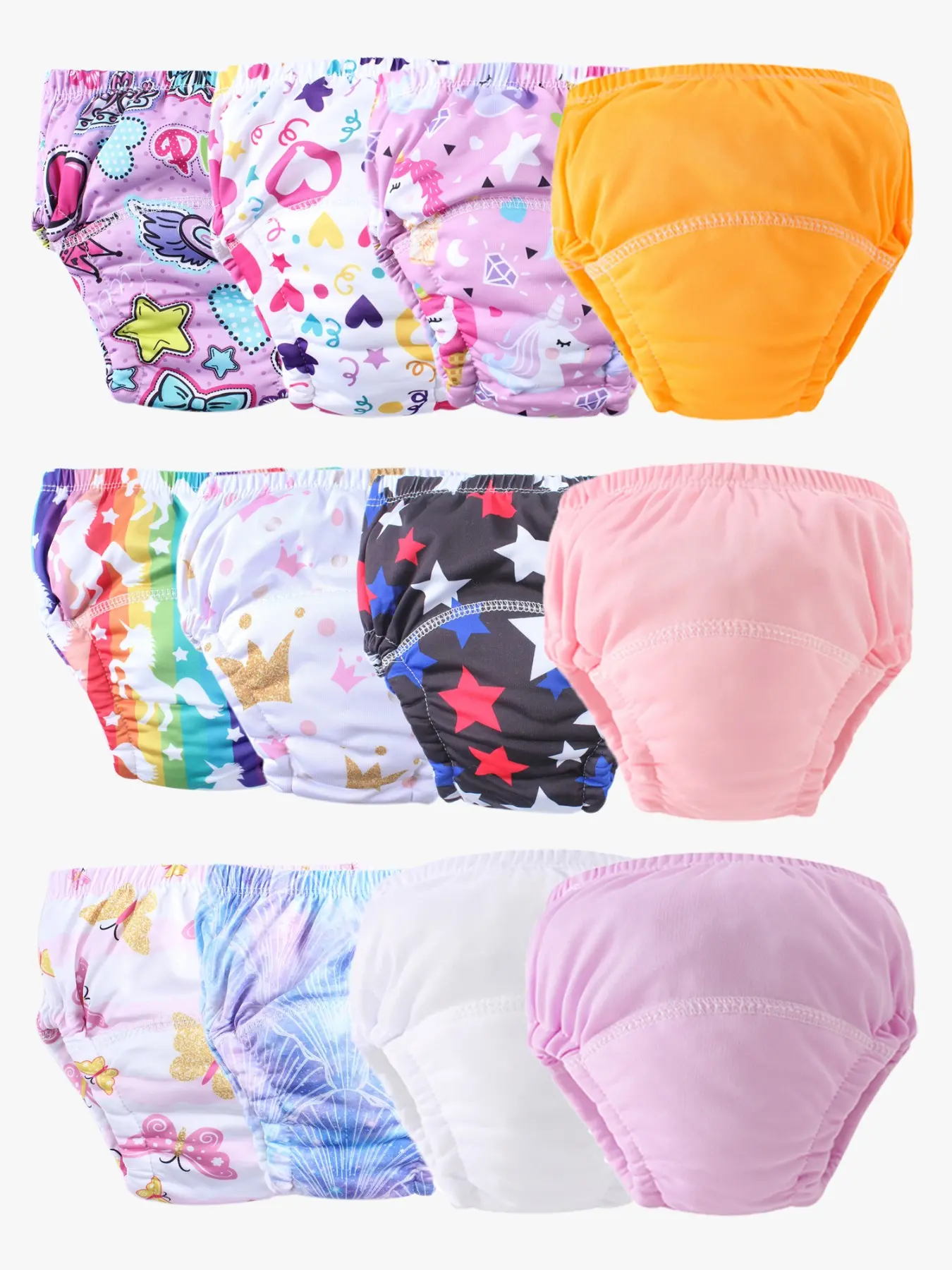 12-Pack Baby Boy Girl Newborn Diaper Training Pants, Soft Comfortable Fabric, Floral Pattern, Short Above Knee, Casual All Seasons