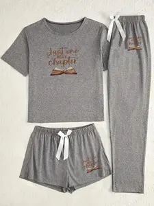 Women's Three-Piece Sleepwear Set, Book Letter Print Design, Casual Fitted Style, All-Season Comfortable Wear, Pajama Set, Loungewear, Pjs, Matching Loungewear, Matching Pajamas