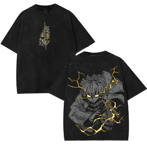 Zenitsu Agatsuma Demon Slayer Kimetsu No Yaiba Oversized T-Shirt – Washed Vintage Anime Manga Graphic Tee, 90s Cotton Crewneck Streetwear Unisex Top, Perfect Otaku Gift & Merchandise wash Fabric Menswear men Seamless Tshirt Casual Black