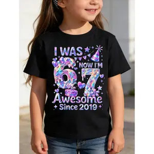 7Th Birthday Shirt for Girls - I Was 6 Now I'M 7 Awesome Since 2019 - Cute Holographic Donut Birthday Tee - 100% Soft Breathable Top - Sweet Seven Year Old Girl Party Outfit, Gift for Daughter - Iridescent Pastel Sprinkles Graphic