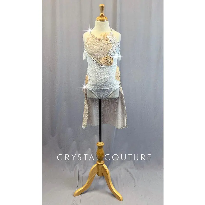 Custom White and Beige Lace Leotard with Back Skirt & Ruffled Straps - Rhinestones
