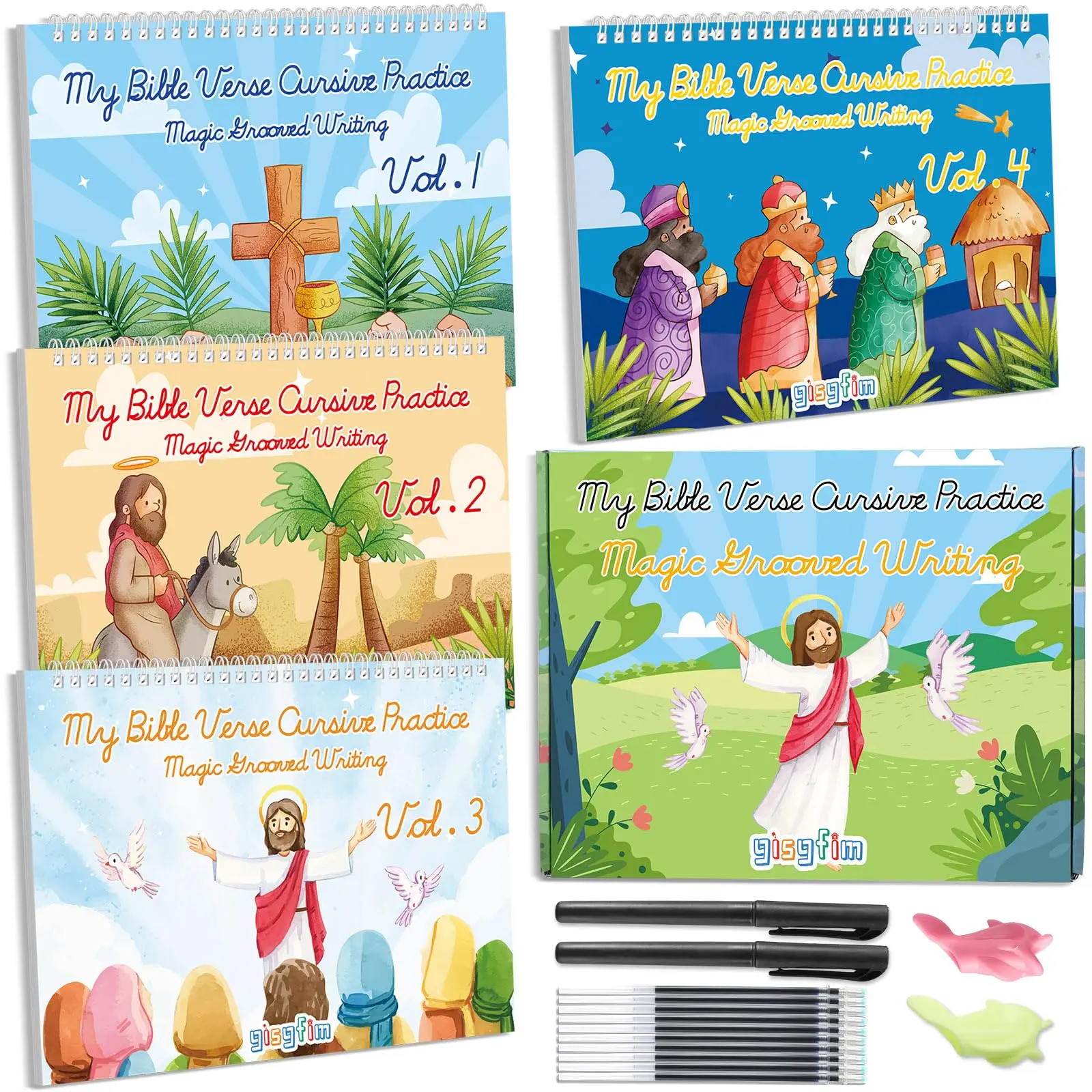 GISGFIM Cursive Grooved Exercise Books for Kids Ages 3-8, Reusable Disappearing Ink Handwriting Practice Workbooks, Christian Homeschooling Materials for Sunday School Prizes