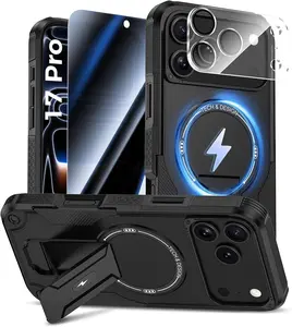 for iPhone 17 Pro Max Case with Privacy Tempered Glass Screen Protector & Camera Lens Protector, Compatible with MagSafe, Invisible Kickstand, Shockproof Phone Cover, Black