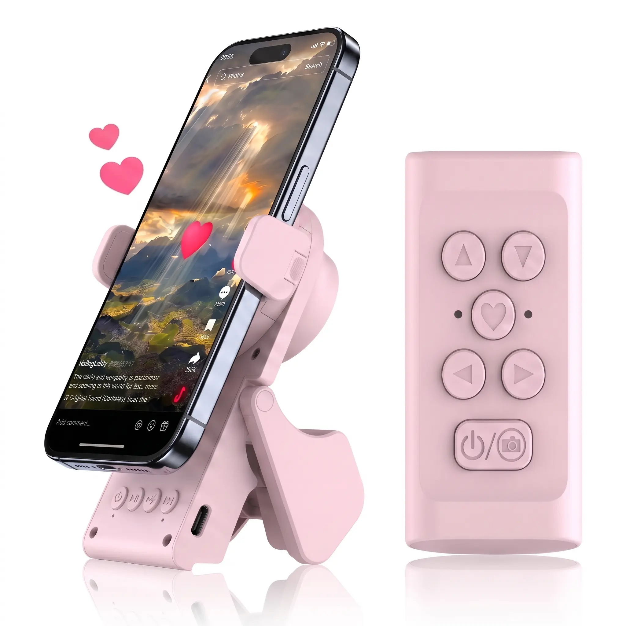 Foldable Phone Stand & TikTok Scrolling Finger Ring | Bluetooth Wireless Remote Controller with Mini Bluetooth Speaker for E-Book Page Turning & Mobile Selfie Shutter